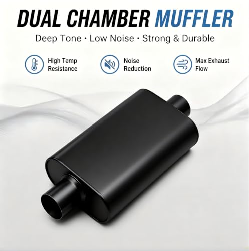 Universal 2.25" ID Center/Center Dual Chamber Muffler - Aggressive Deep Sound, Black Aluminized Steel, Welded/Clamp-On (17" Total Length) - color: Black, size: 2.25 Inch