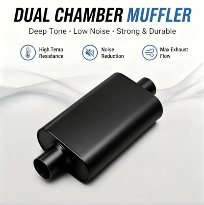 Universal 2.25" ID Center/Center Dual Chamber Muffler - Aggressive Deep Sound, Black Aluminized Steel, Welded/Clamp-On (17" Total Length) - color: Black, size: 2.25 Inch