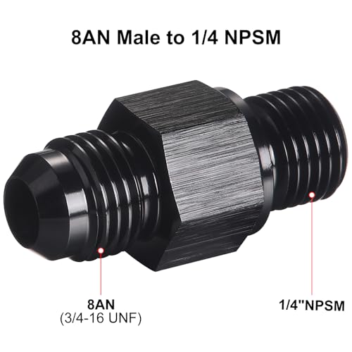 8AN Male Flare to 1/4 NPSM Transmission Cooler Adapter Fitting Aluminum Black Fits TH350 TH400 4L60E 700R4 200-4R TR6060 AOD 4R100 4R70W C5, Pack of 2 - size: 8AN to 1/4 NPSM