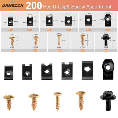 200Pcs Car U-Nuts Clips and Screw Assortment Kit, 11 Different Sizes Automotive U-Clip & Screw Parts for Dash Door Panel Interior, M6 Engine Under Cover Undertray Splash Shield Guard Bolts