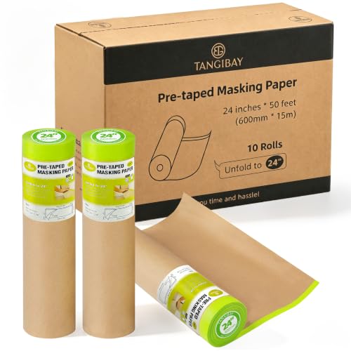 Tangibay Pre-Taped Masking Paper for Painting, 24 inch x 50 feet, 10 Rolls - size: 10 Rolls: 24"