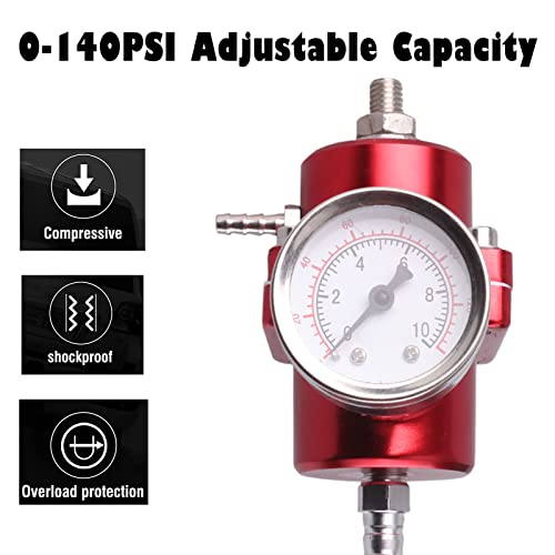 BARTOO Adjustable Fuel Pressure Regulator Kit with 0-140 PSI Gauge, Red - color: Red