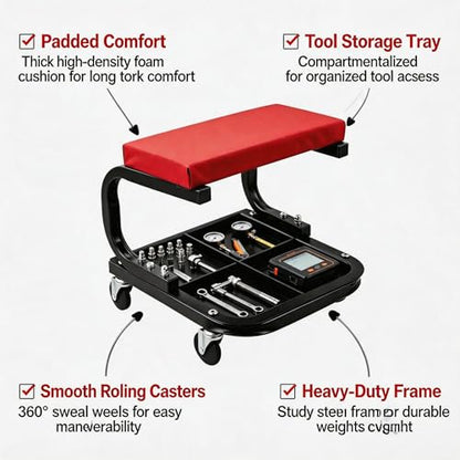 Rolling Creeper Garage/Shop Seat,250 LBS Capacity Heavy Duty Rolling Mechanic Stool with Wheels,Automotive Padded Creeper Seat with Tool Tray Storage for Garage, Shop, Auto Repair