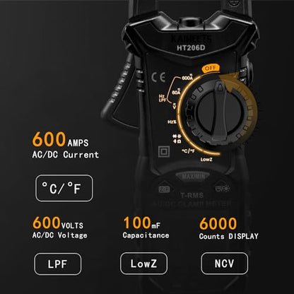KAIWEETS HT206D Digital Clamp Meter T-RMS 6000 Counts, Multimeter Voltage Tester Auto-ranging, Measures Current Voltage Temperature Capacitance Resistance Diodes Continuity Duty-Cycle (AC/DC Current) - size: 6000 Counts