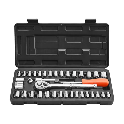 VEVOR Socket Set, 39 Pieces, 3/8 & 1/4 inch Drive Socket and Ratchet Set, SAE and Metric Size, Mechanic Tool Kit with Ratchet Wrench, Accessories, Storage Case, CR-V Alloy Steel, for Automotive Repair - size: 39-PCS