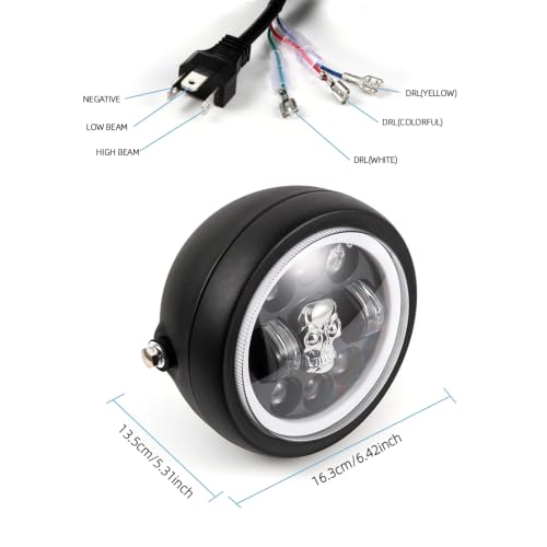 Motorcycle Headlight 5.75 inch Round LED with Mounting Brackets Assembly, Front Headlamp with DRL High/Low Beam for Cafe Racer E-bike Bobber Chopper (Style F) - style: Style F