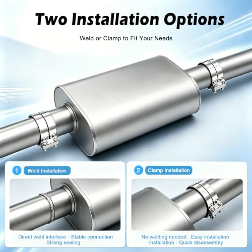 Universal 2.5" ID Center/Center Dual Chamber Muffler - Aggressive Deep Sound, Silver Aluminized Steel, Welded/Clamp-On (17" Total Length) - color: Silver, size: 2.5 Inch