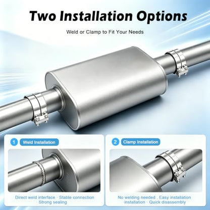 Universal 2.5" ID Center/Center Dual Chamber Muffler - Aggressive Deep Sound, Silver Aluminized Steel, Welded/Clamp-On (17" Total Length) - color: Silver, size: 2.5 Inch