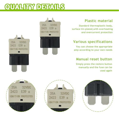 25A DC 12V-32V Manual Reset Circuit Breaker ATC/ATO Low Profile T3 Mini Blade Fuses Breakers for Car Trucks Marine Boat RV Solar and More,2 Pack - style: E39-ATC/ATO-Manual Reset