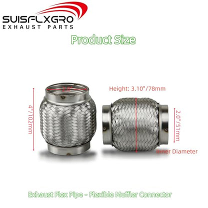 Exhaust Flex Pipe (Interlock Lining OEM-Grade) 100% Stainless Steel SS304 For Heavy Duty and Cars (1 PC, 2X4) - size: 2X4