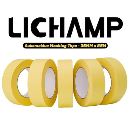 Lichamp 30-Pack Automotive Refinish Masking Tape Yellow 36mm x 55m, Cars Vehicles Auto Body Paint Tape, Automotive Painters Tapes Bulk Set 1.4-inch x 180-foot x 30 Rolls (1800 Total Yards)