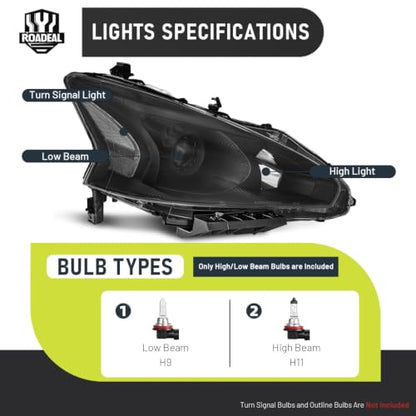 Headlights for 2013 2014 2015 Nissan Altima 4-Door - color: Black Housing - With H/L Beam Bulbs