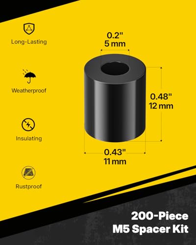 Vibit 200 Pcs M5 Nylon Spacers for Screws, ID 5 mm & OD 11 mm, 12 mm Length, Non-Threaded Plastic Spacers Round Spacers for M5 Screws, Electrical Outlet Spacers, Screw Spacers for Circuit Board, Black - size: M5,200PCS