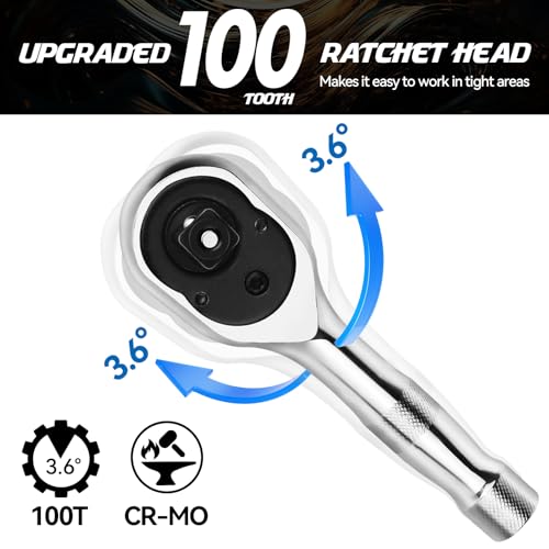 DISEN 3-Piece Stubby Ratchet Set – 1/4", 3/8", 1/2" Drive | 100-Tooth Ratchet with EVA Storage Tray | Quick Release Button | Non-Slip Grip | Reversible 3.6° Design for Tight Spaces, Chrome Finish - color: Stubby Ratchet Set