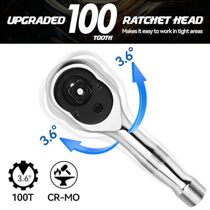 DISEN 3-Piece Stubby Ratchet Set – 1/4", 3/8", 1/2" Drive | 100-Tooth Ratchet with EVA Storage Tray | Quick Release Button | Non-Slip Grip | Reversible 3.6° Design for Tight Spaces, Chrome Finish - color: Stubby Ratchet Set