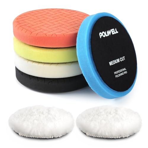 POLIWELL Buffing Polishing Pads 5 Inch, 7Pcs Buffing Sponge Pads Kit 5.5" Face for 5" Backing Plate, Compound Cutting Foam Pads, Wool Pad for Car Buffer Polisher, Compounding Polishing and Waxing - size: 5 Inch