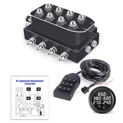 12V Air Management featuring 8-Valve Air Ride Suspension Manifold, with 16.5FT switch Wired Remote Controller and Five-Way White Display Air Pressure Gauges - color: White