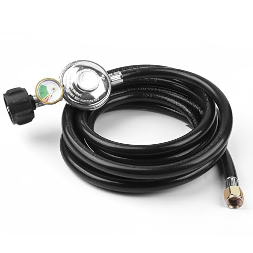 MAJARO 12 Feet Propane Regulator with Hose and Tank Gauge - Universal QCC1 Type BBQ Regulator and Hose Replacement, 3 Color-Coded Pressure Dials for LP Gas Grill, Heater, Fire Pit Table - color: PVC & Gauge