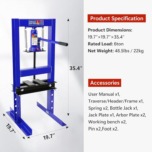 6 Ton Hydraulic Press, H-Frame Garage Floor Shop Press with Press Plates & Pressure Gauge, Heavy-Duty Adjustable Hydraulic Shop Press for Auto Bending Stamping, Strong & Stable Construction