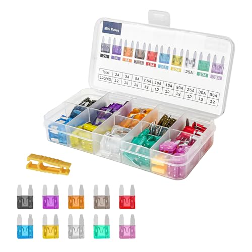 120 PCS Mini Fuse Kit, 2A/3A/5A/7.5A/10A/15A/20A/25A/30A/35A Vehicle Fuse Assortment, Standard Blade Fuses Assorted Replacement Kit with Puller for Cars Trucks SUVs