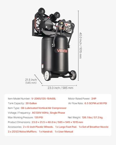 VEVOR 20 Gallons Air Compressor, 2HP 6.5SCFM at 90PSI, Max 135PSI Pressure Oil-Lubricated Air Compressor Tank,Portable on Wheels for Auto Repair,Tire Inflation,Spray Painting,Woodwork Nailing,120V - size: 20 Gallon 135 PSI