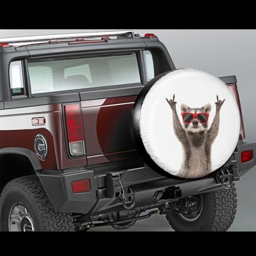 Funny Raccoon in Red Sunglasses Spare Tire Cover Wheel Tire Covers Weatherproof Wheel Tire Protector Waterproof Dust-Proof Tyre Covers Universal Fit for Trailer RV SUV Truck Off-Road Vehicle 14 Inch - color: Raccoon White, size: 14" for tire diameter 23.6