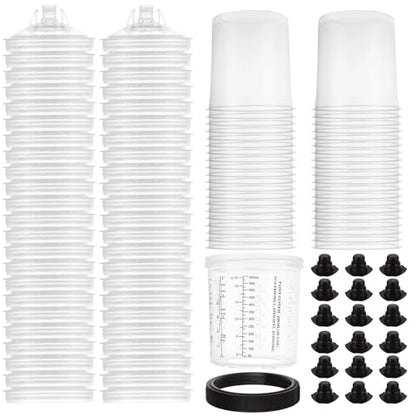 YAYODS 50 Pack Disposable Paint Sprayer Gun Cup Liners and Lid System for Spray Gun, Paint Cups 20 Ounce (600ml) Kit with 50 Mixing Cups Liners, 50 Lids, 20 Plugs, 1 Hard Cup with Retainer Ring