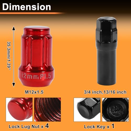 M12x1.5 Wheel Locking Nut with 1 Socket Key for Honda for Toyota Anti-Theft Tyre Tire Lock Nuts Removal Tool Red 1 Set - color: Red