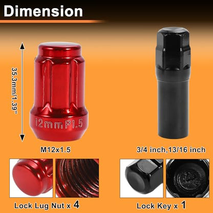M12x1.5 Wheel Locking Nut with 1 Socket Key for Honda for Toyota Anti-Theft Tyre Tire Lock Nuts Removal Tool Red 1 Set - color: Red