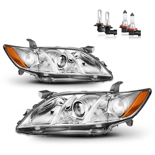 Headlights Assembly for 2007-2009 Toyota Camry - color: Polished Chrome | With High & Low Beam Bulbs