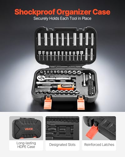 VEVOR Socket Set, 70 Pieces, 1/4 inch Drive Socket and Ratchet Set, SAE and Metric, Deep and Shallow, Mechanic Tool Kit with Bits, Accessories and Storage Case, CR-V Alloy Steel, for Automotive Repair - size: 70-PCS