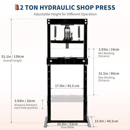 12T Hydraulic Press, Heavy-Duty h-Frame Garage Floor Hydraulic Shop Press - color: Black
