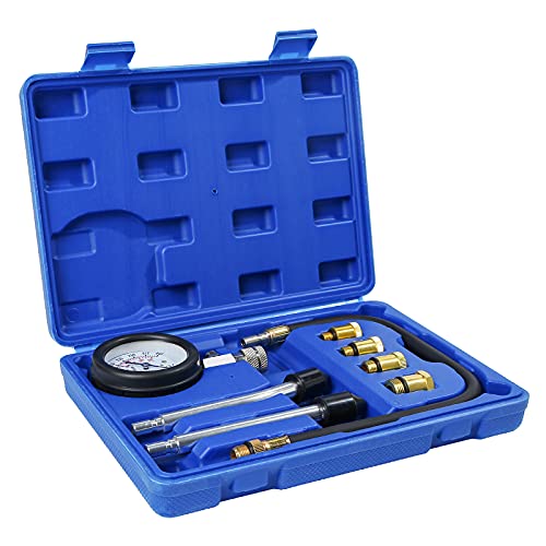 8PCS Compression Tester Kit Professional Petrol Gas Engine Cylinder Pressure Gauge 0-300 PSI Automotive Tool for Motorcycle Car Truck (Blue) - color: Blue