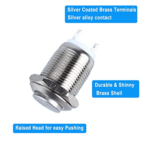2-Pack 12mm Momentary Metal Waterproof Push Button Switch Raised Head Plug-in Terminals 1/2" Mounting Hole 12V 24V 36V 110V 250V 2A 1NO - style: Momentary