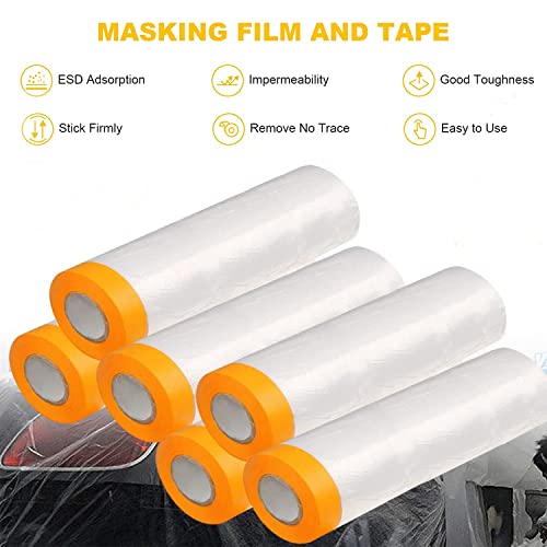Painters Plastic With Tape, Pre-Taped Masking Film, 6 Rolls Automotive Best Tape and Drape, Paint Adhesive Protective Film Roll for Covering Skirting, Frames, Cars and Auto Body (5 X 65-Feet) (6)