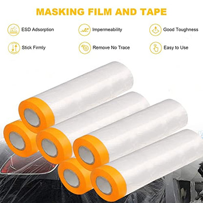 Painters Plastic With Tape, Pre-Taped Masking Film, 6 Rolls Automotive Best Tape and Drape, Paint Adhesive Protective Film Roll for Covering Skirting, Frames, Cars and Auto Body (5 X 65-Feet) (6)