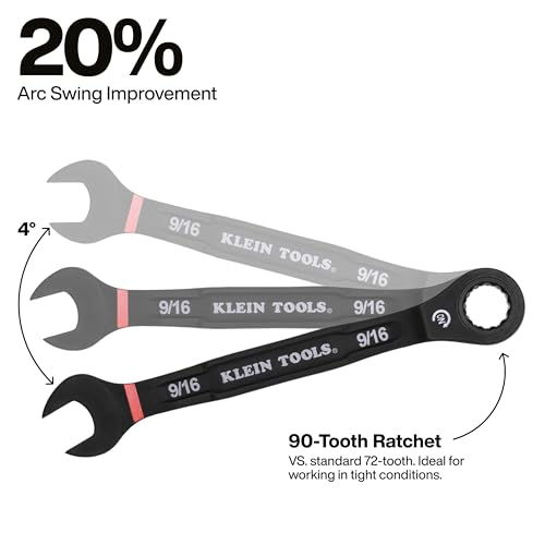 KLEIN TOOLS 69408G Ratcheting Combination Wrench Set, SAE, 8-Piece, 90-Tooth Ratchet, I-Beam Handle, Color-Coded Size Markings, Roll Pouch Storage