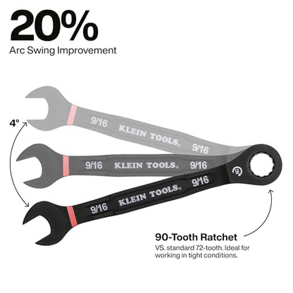 KLEIN TOOLS 69408G Ratcheting Combination Wrench Set, SAE, 8-Piece, 90-Tooth Ratchet, I-Beam Handle, Color-Coded Size Markings, Roll Pouch Storage