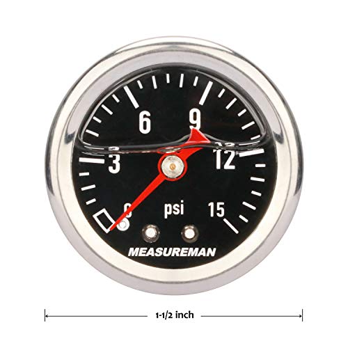 MEASUREMAN 1.5" Black Dial, 304 Stainless Steel case, Liquid Filled Fuel Pressure Gauge, 0-15Psi, 3-2-3%, 1/8" NPT Center Back Mount - size: 0-15 psi, style: Back Mount (Black Dial)