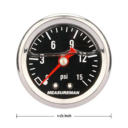 MEASUREMAN 1.5" Black Dial, 304 Stainless Steel case, Liquid Filled Fuel Pressure Gauge, 0-15Psi, 3-2-3%, 1/8" NPT Center Back Mount - size: 0-15 psi, style: Back Mount (Black Dial)