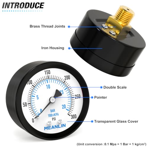 MEANLIN MEASURE 0~300Psi Well Pump Pressure Gauge, Center Back Mount - color: 1/4"NPT Back Mount, size: 0-300Psi