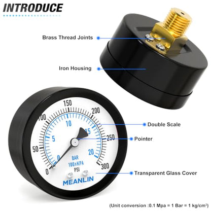 MEANLIN MEASURE 0~300Psi Well Pump Pressure Gauge, Center Back Mount - color: 1/4"NPT Back Mount, size: 0-300Psi