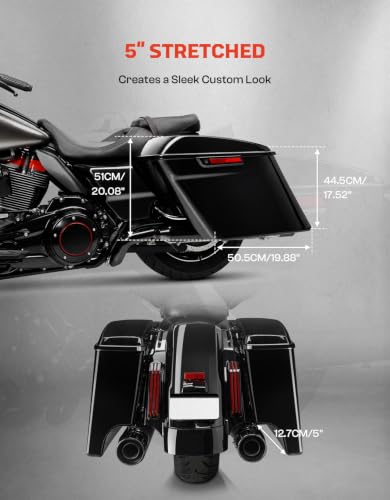 TCMT 5" Stretched Extended Saddlebags W/Latch Key Fits For Harley 2014-2024 Touring Road King Electra Street Road Glide - color: Vivid Black Chrome Latches, size: Stretched Saddlebags