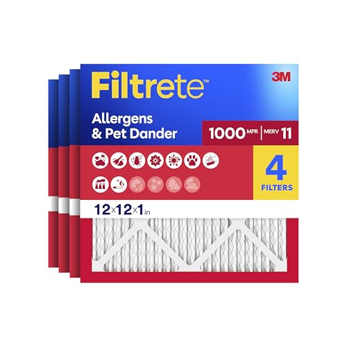 Filtrete 12x12x1 Air Filter, MERV 11, MPR 1000, Allergens & Pet Dander, 3-Month AC and Furnace Filters, Cleaner Air, Reliable Airflow, 4 HVAC Filters (Actual Size 11.68 x 11.68 x 0.81 in) - size: 12x12x1