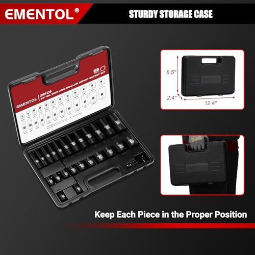 EMENTOL 3/8" Drive Impact Socket Set, 25PCS, SAE(5/16"- 1"), Deep and Shallow, 12 Point, Includes Drill Bit Adapter - size: 3/8" Drive (8-25mm)