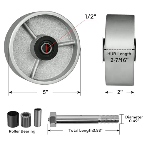 5" x 2" Industrial Casters, Steel Cast Iron Wheel - Heavy Duty Caster -Set of 4 Caster with 4000 lbs Capacity, Roller Bearing-1/2" Bore, Replacement Wheel for Platform Trucks(4 Pack) - style: 5"×2"