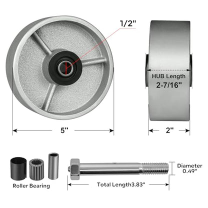 5" x 2" Industrial Casters, Steel Cast Iron Wheel - Heavy Duty Caster -Set of 4 Caster with 4000 lbs Capacity, Roller Bearing-1/2" Bore, Replacement Wheel for Platform Trucks(4 Pack) - style: 5"×2"
