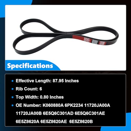 AUCERAMIC 87.95 Inch Aramid Engine Serpentine Drive Belt Fit for Ford Fusion 2006-2009 2.3L Mercury Milan 2006-2009 2.3L Nissan Altima 2007-2013 2.5L Gas DOHC Replace K060880A 6PK2234 11720JA00A