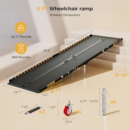 CAMMOO 8 FT Aluminum Wheelchair Ramp with 800 LBS Load Capacity, Portable Folding ramps for wheelchairs - size: 8 FT