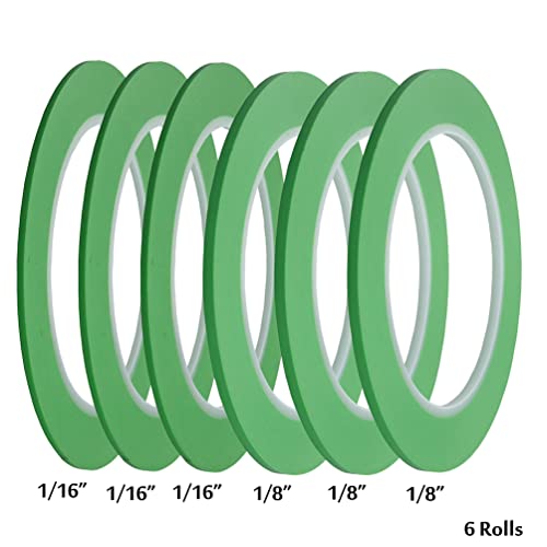 JINBING High-Temp Vinyl Fine Line Fineline Masking Tape Automotive Paint for Curves Green (1/16in x 3 + 1/8in x 3) - size: 1/16 inch x 3 rolls + 1/8 inch x 3 rolls